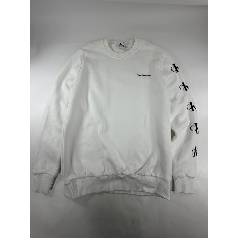 Calvin Klein Jeans Womens White Crewneck Sweatshirt Sleeve Logo Size M